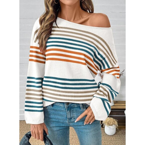 Womens Striped Casual Sweater Knit Pullover Fall Cozy Oversized Top Small - Picture 3 of 5